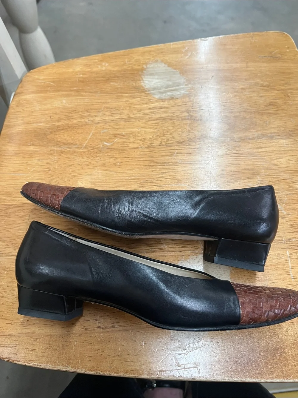 Bally Black Leather Flats with Brown Woven Toe
